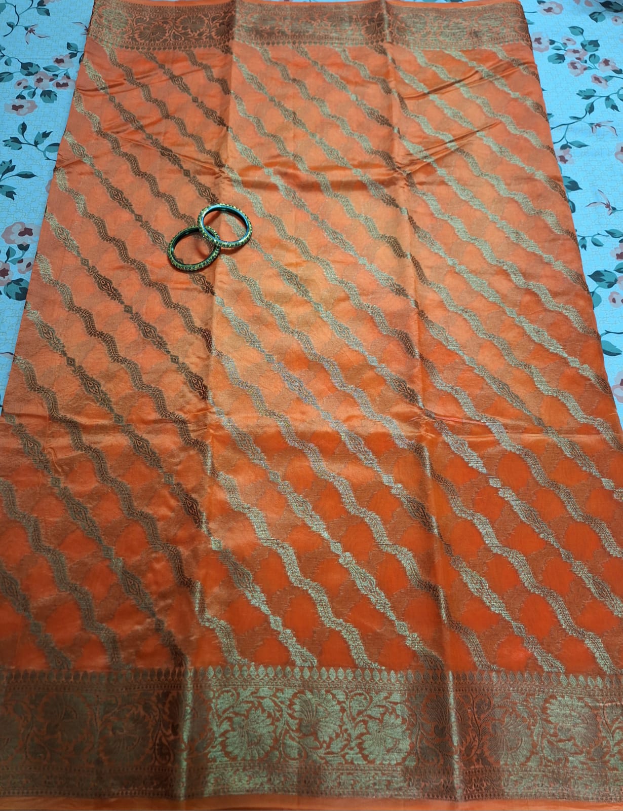 Pure Handloom Banarasi Silk - Orange gold Antique Zari