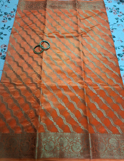 Pure Handloom Banarasi Silk - Orange gold Antique Zari