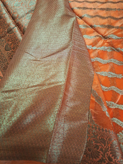 Pure Handloom Banarasi Silk - Orange gold Antique Zari
