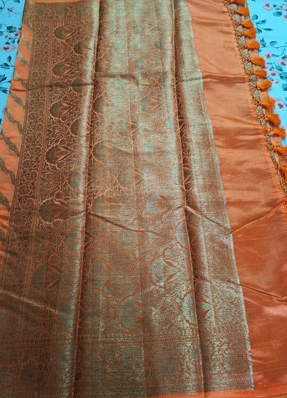 Pure Handloom Banarasi Silk - Orange gold Antique Zari