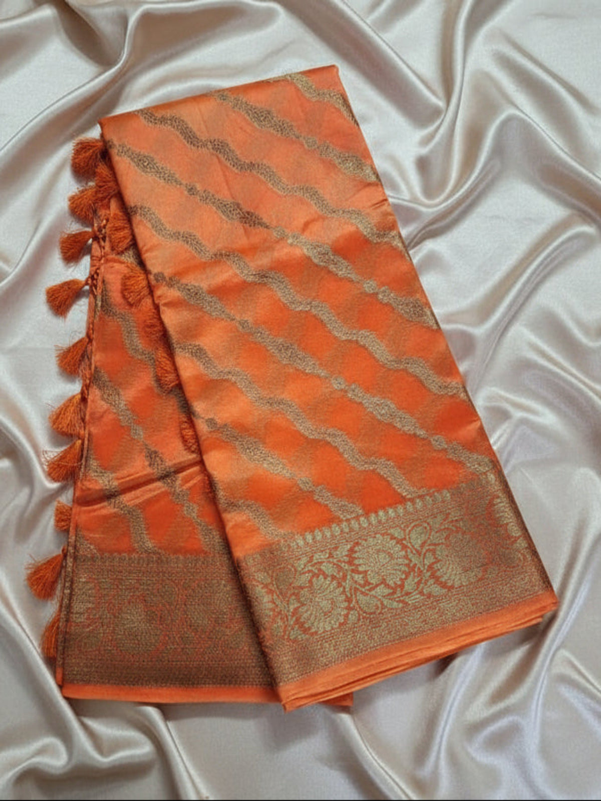 Pure Handloom Banarasi Silk - Orange gold Antique Zari