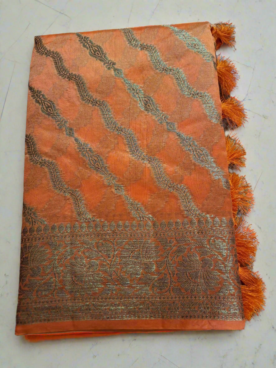 Pure Handloom Banarasi Silk - Orange gold Antique Zari