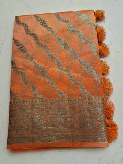 Pure Handloom Banarasi Silk - Orange gold Antique Zari
