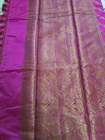 Pure Handloom Banarasi Silk - Rani Pink Gold Antique Zari