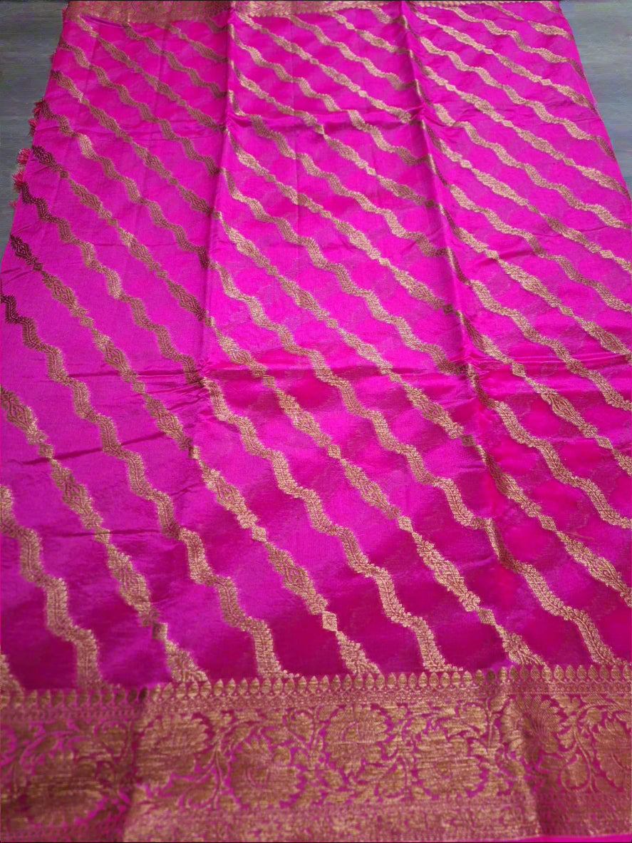 Pure Handloom Banarasi Silk - Rani Pink Gold Antique Zari