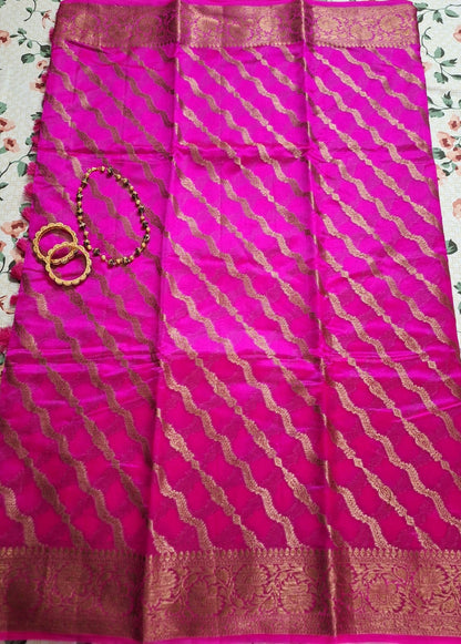 Pure Handloom Banarasi Silk - Rani Pink Gold Antique Zari