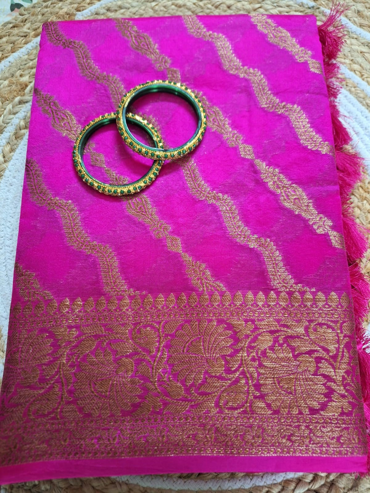 Pure Handloom Banarasi Silk - Rani Pink Gold Antique Zari