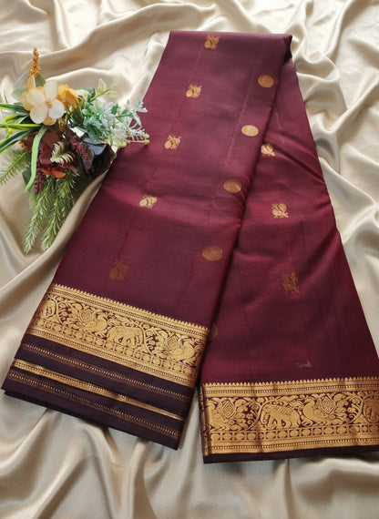 Pure Handloom Kanjeevaram SIlk - Maroon Peacock Rudraksh Motifs
