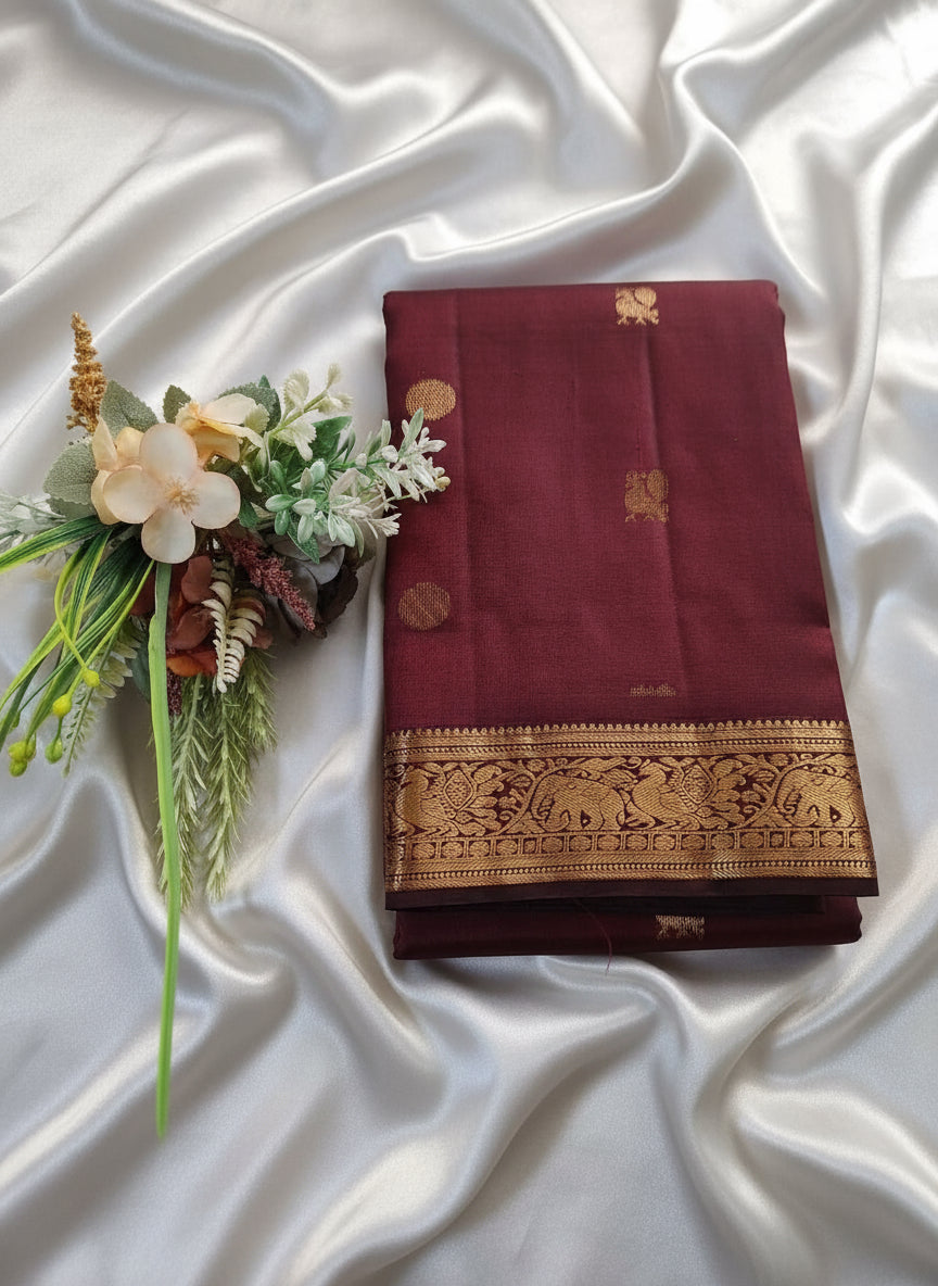 Pure Handloom Kanjeevaram SIlk - Maroon Peacock Rudraksh Motifs
