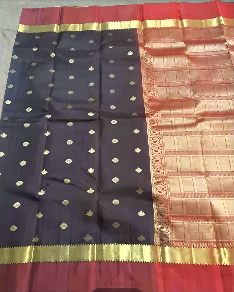 Pure Handloom Kanjeevaram Silk - Coffee Brown & Red with Motifs