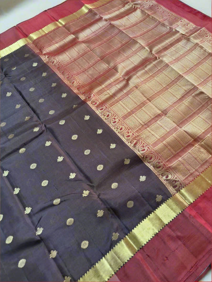 Pure Handloom Kanjeevaram Silk - Coffee Brown & Red with Motifs