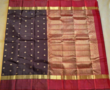 Pure Handloom Kanjeevaram Silk - Coffee Brown & Red with Motifs