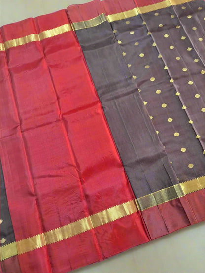 Pure Handloom Kanjeevaram Silk - Coffee Brown & Red with Motifs