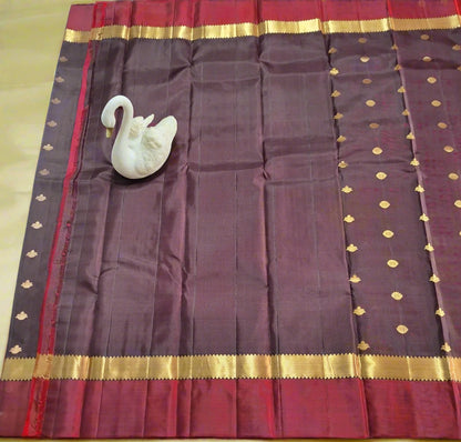 Pure Handloom Kanjeevaram Silk - Coffee Brown & Red with Motifs