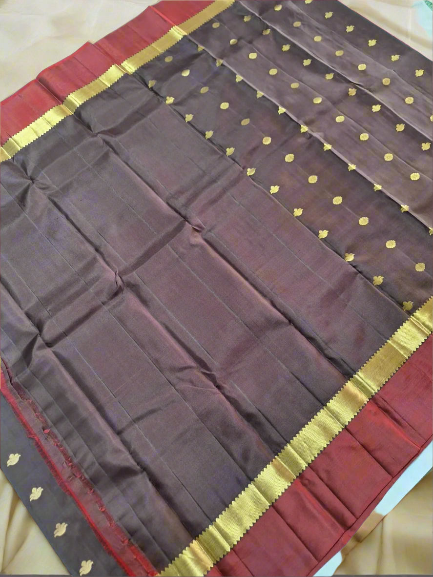 Pure Handloom Kanjeevaram Silk - Coffee Brown & Red with Motifs