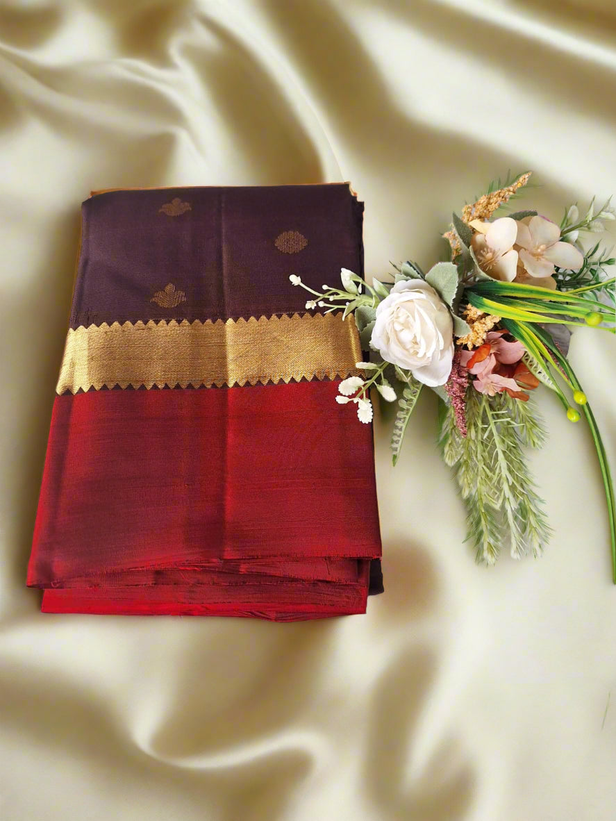 Pure Handloom Kanjeevaram Silk - Coffee Brown & Red with Motifs