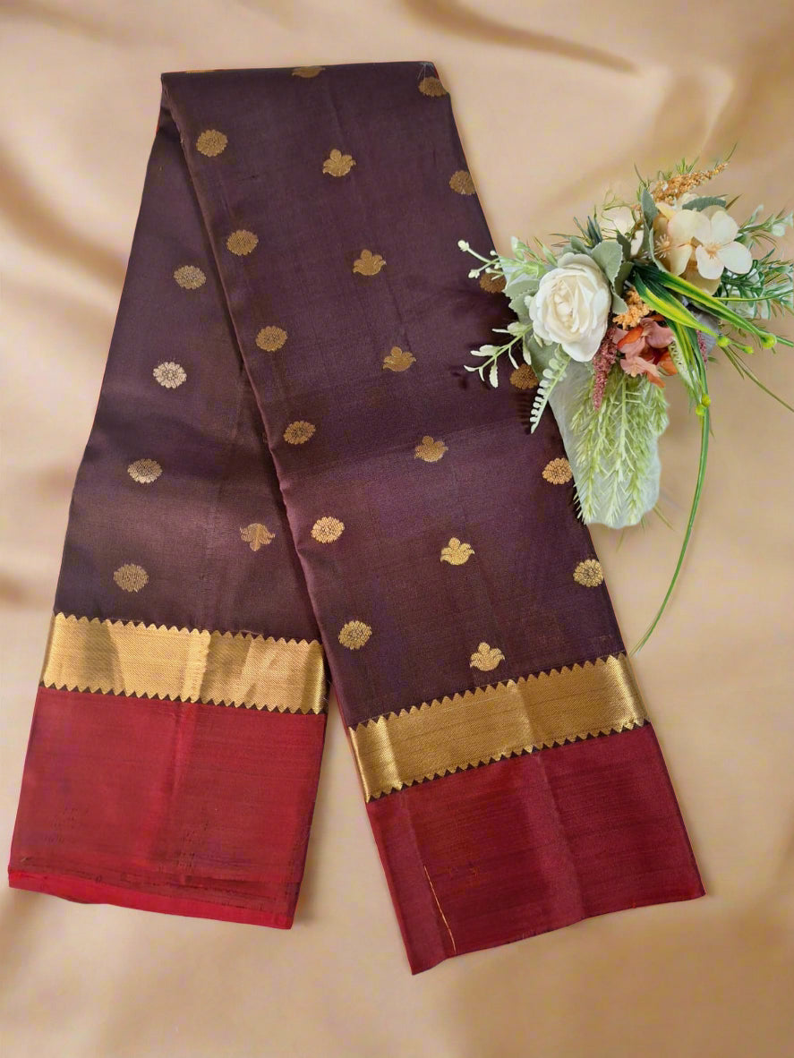 Pure Handloom Kanjeevaram Silk - Coffee Brown & Red with Motifs