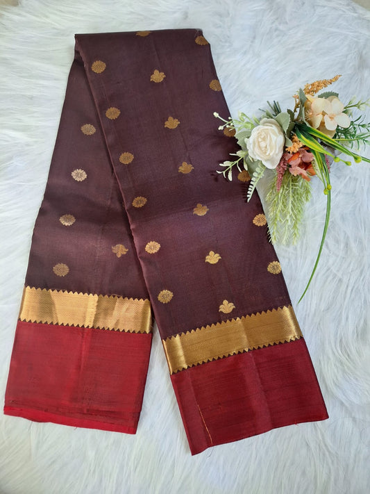 Pure Handloom Kanjeevaram Silk - Coffee Brown & Red with Motifs