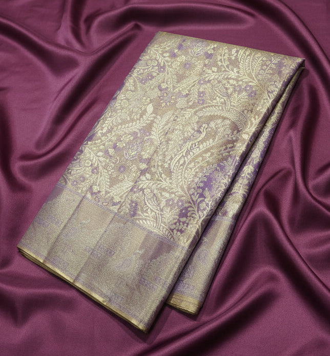 Pure Handloom Silk Kanjeevaram - Mauve Silver & Golden toned Tissue Silk