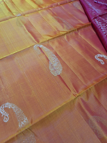 Pure Handloom Soft Silk - Mustard & Candy Pink Dual Tone with Kairi Motifs