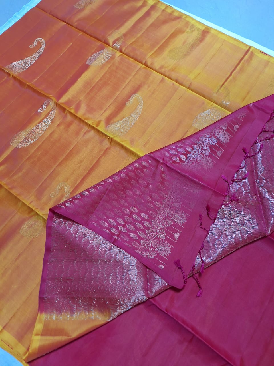 Pure Handloom Soft Silk - Mustard & Candy Pink Dual Tone with Kairi Motifs