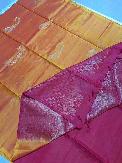 Pure Handloom Soft Silk - Mustard & Candy Pink Dual Tone with Kairi Motifs