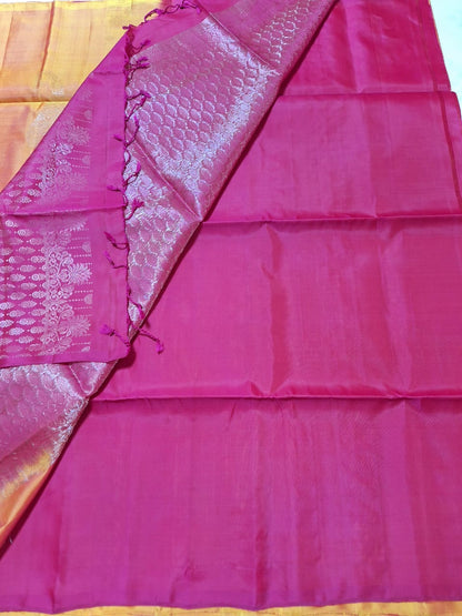 Pure Handloom Soft Silk - Mustard & Candy Pink Dual Tone with Kairi Motifs