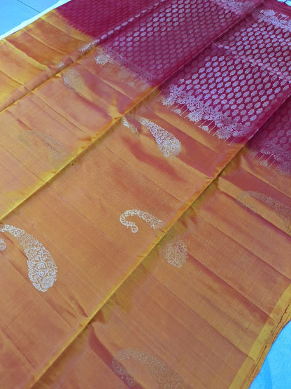 Pure Handloom Soft Silk - Mustard & Candy Pink Dual Tone with Kairi Motifs