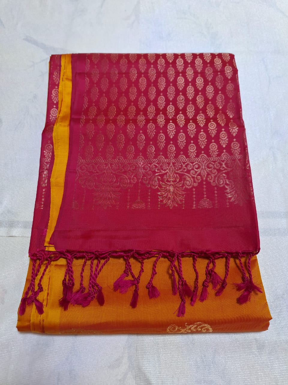 Pure Handloom Soft Silk - Mustard & Candy Pink Dual Tone with Kairi Motifs