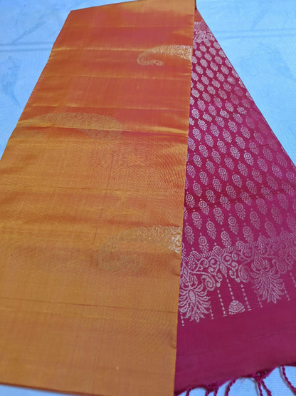 Pure Handloom Soft Silk - Mustard & Candy Pink Dual Tone with Kairi Motifs