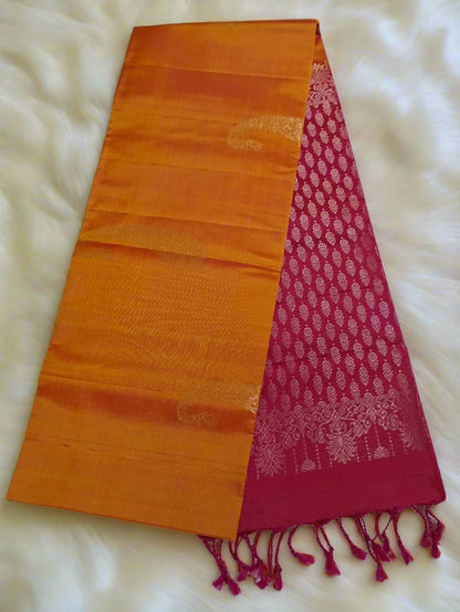 Pure Handloom Soft Silk - Mustard & Candy Pink Dual Tone with Kairi Motifs