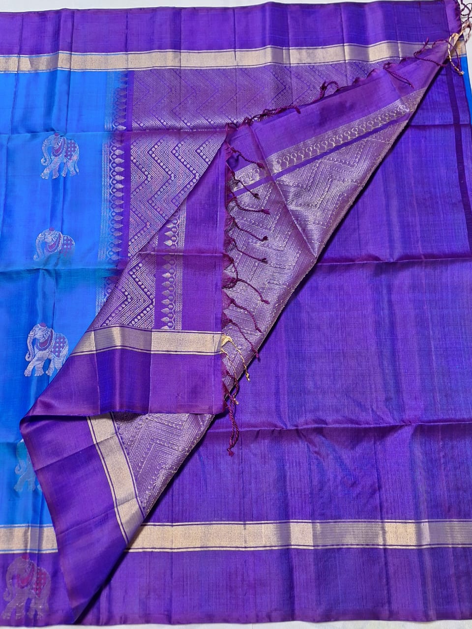Pure Handloom Soft Silk - Royal Blue & Blue Gaja Collection