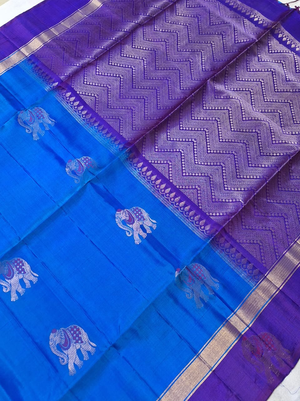 Pure Handloom Soft Silk - Royal Blue & Blue Gaja Collection