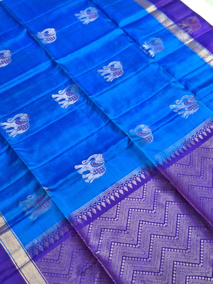 Pure Handloom Soft Silk - Royal Blue & Blue Gaja Collection