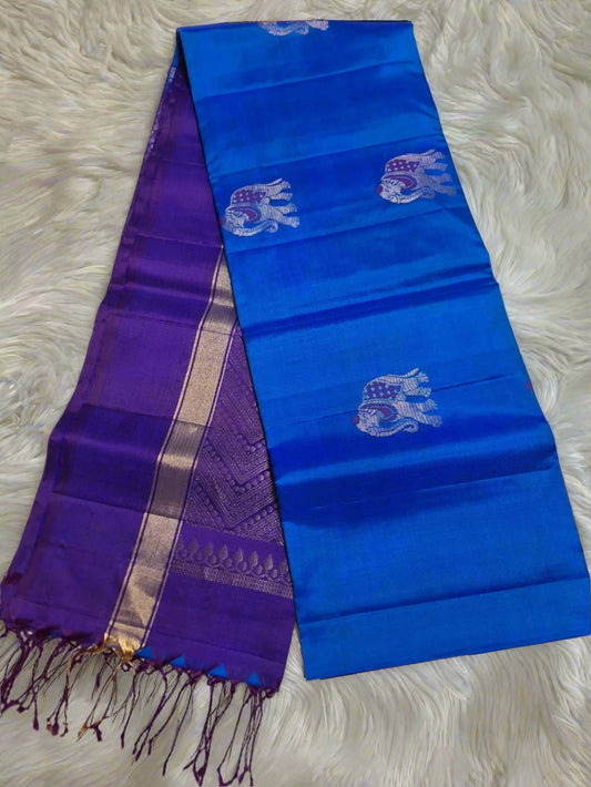 Pure Handloom Soft Silk - Royal Blue & Blue Gaja Collection