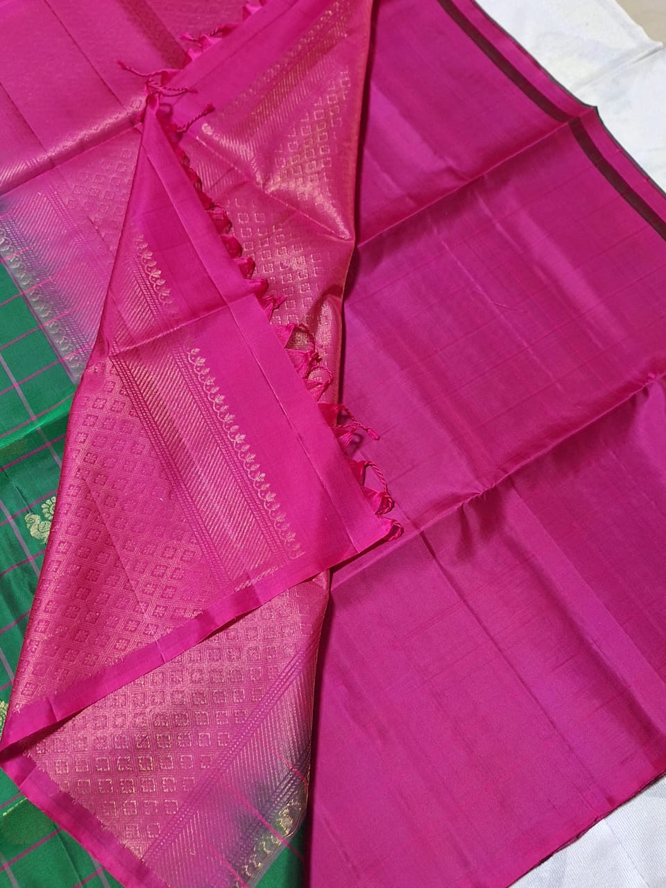 Pure Handloom Soft Silk - Dark Green & Pink Peacock Check Design