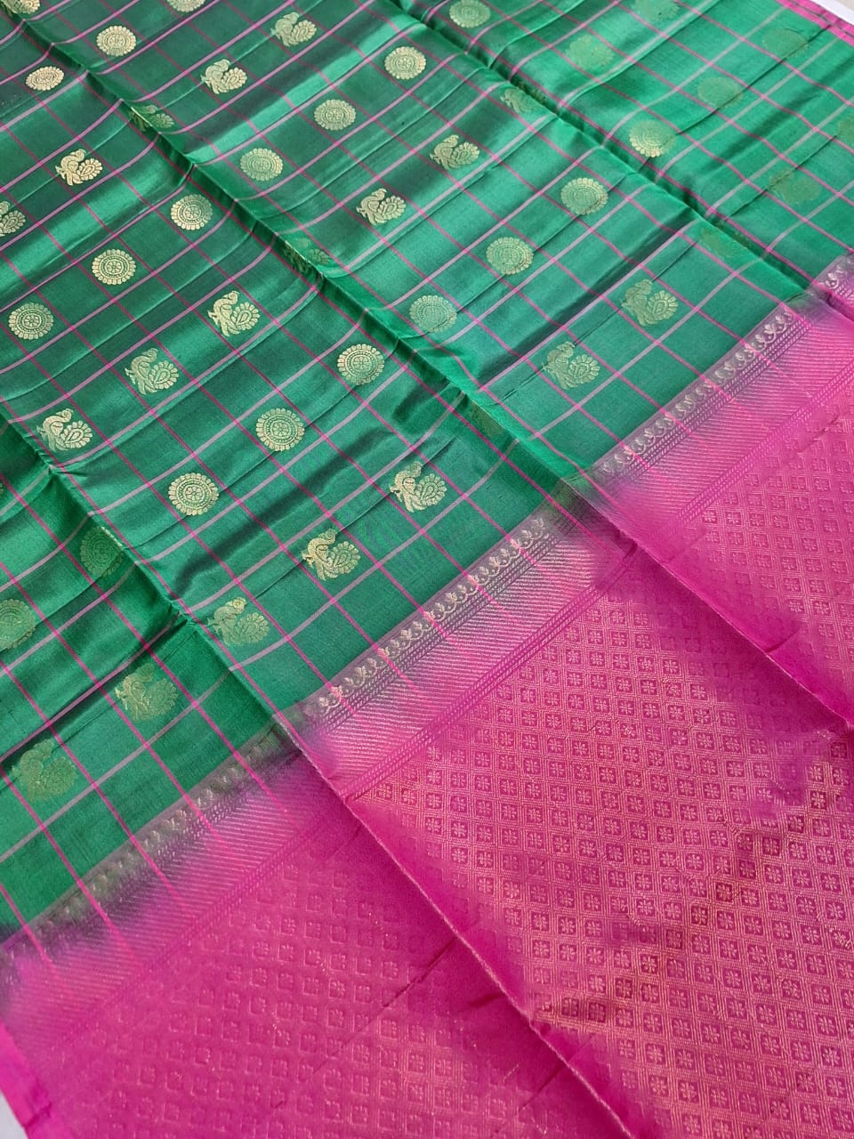Pure Handloom Soft Silk - Dark Green & Pink Peacock Check Design
