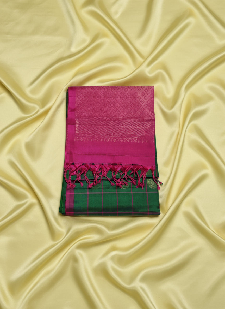 Pure Handloom Soft Silk - Dark Green & Pink Peacock Check Design
