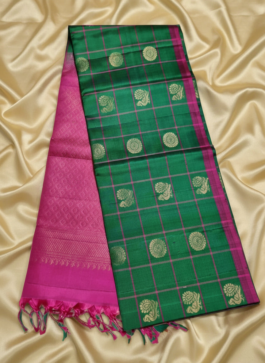 Pure Handloom Soft Silk - Dark Green & Pink Peacock Check Design