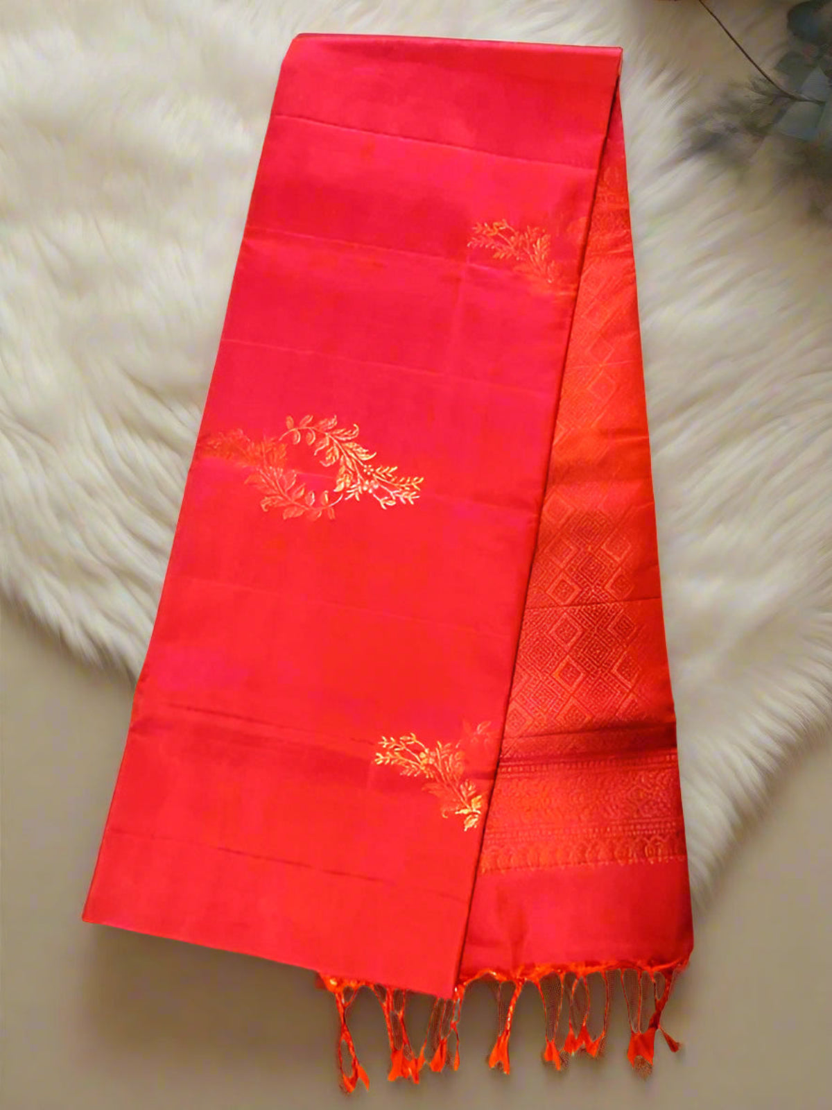 Pure Handloom Soft Silk - Pink & Orange Dual Tone with Floral Motifs
