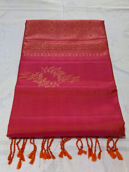 Pure Handloom Soft Silk - Pink & Orange Dual Tone with Floral Motifs