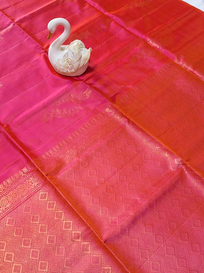 Pure Handloom Soft Silk - Pink & Orange Dual Tone with Floral Motifs