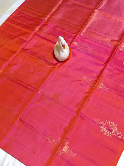 Pure Handloom Soft Silk - Pink & Orange Dual Tone with Floral Motifs