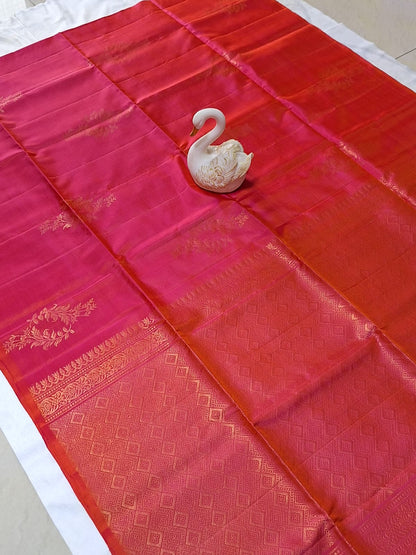 Pure Handloom Soft Silk - Pink & Orange Dual Tone with Floral Motifs