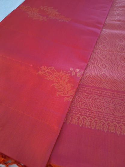 Pure Handloom Soft Silk - Pink & Orange Dual Tone with Floral Motifs