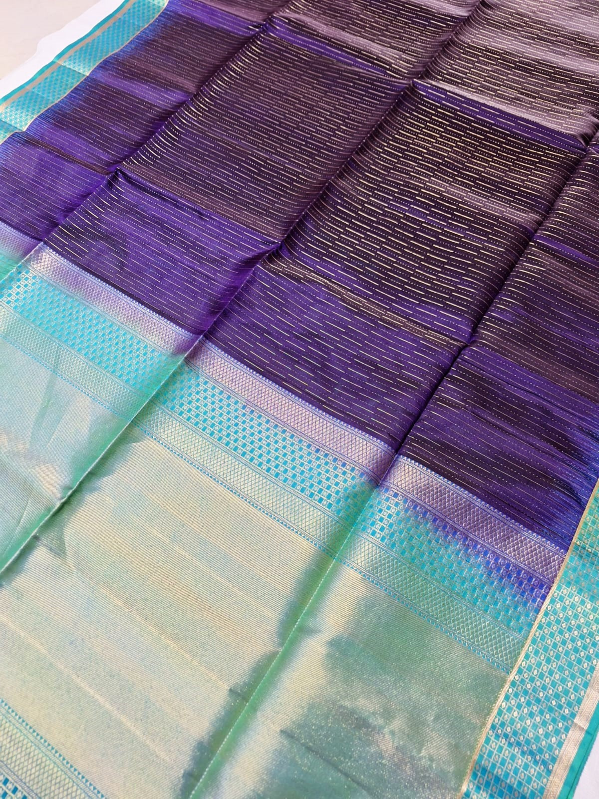 Pure Handloom Soft Silk - Indigo Purple & pastel sea blue Zari lines pattern