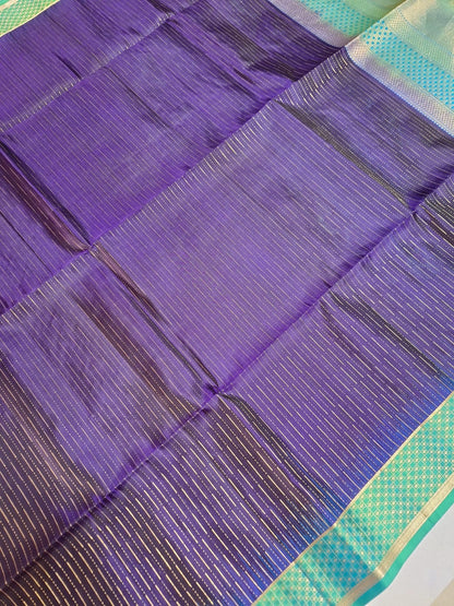 Pure Handloom Soft Silk - Indigo Purple & pastel sea blue Zari lines pattern
