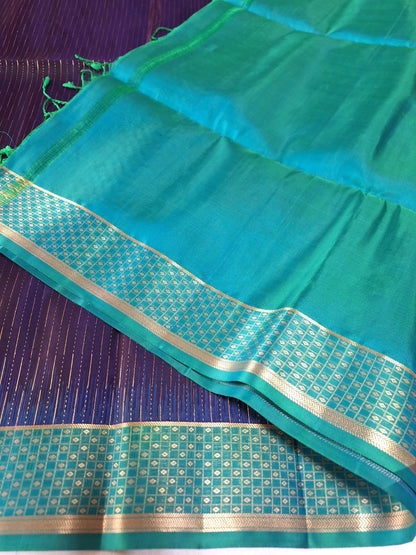 Pure Handloom Soft Silk - Indigo Purple & pastel sea blue Zari lines pattern