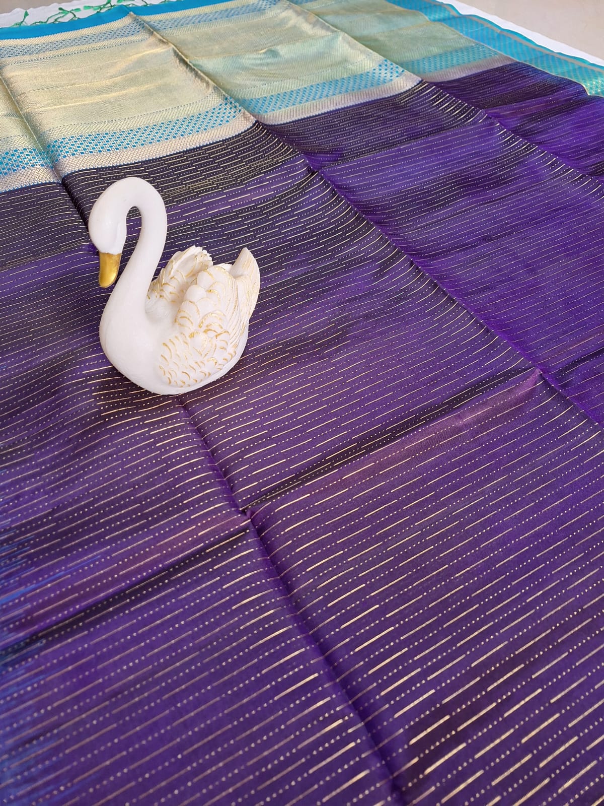 Pure Handloom Soft Silk - Indigo Purple & pastel sea blue Zari lines pattern