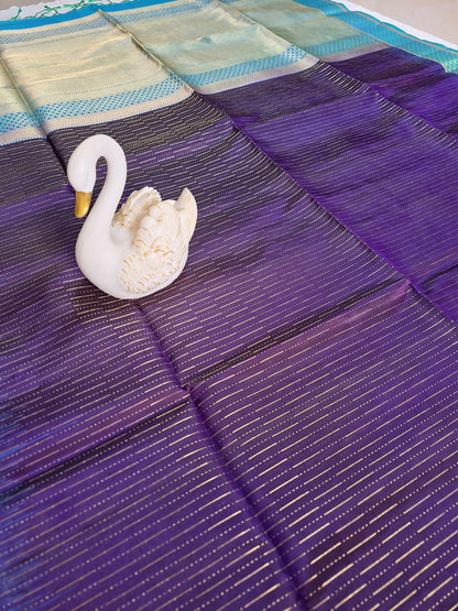 Pure Handloom Soft Silk - Indigo Purple & pastel sea blue Zari lines pattern
